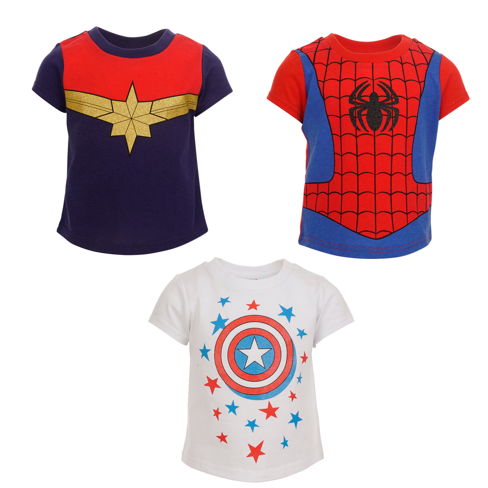 Marvel Avengers Spider-Man Captain America Little Girls 3 Pack Pullover T-Shirts Toddler to Big Kid
